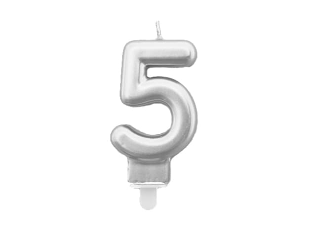 Świeca metaliczna srebro na urodziny, 8cm, cyfra 5