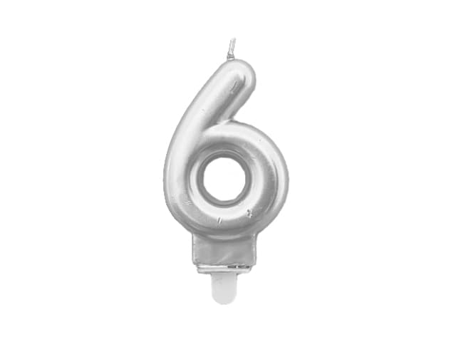 Świeca metaliczna srebro na urodziny, 8cm, cyfra 6