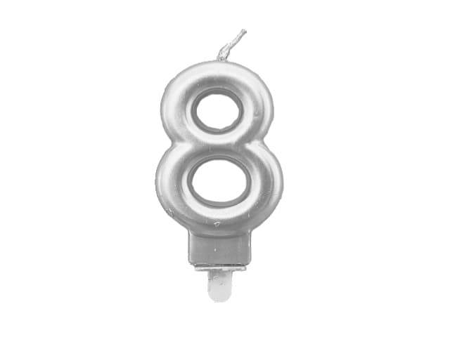 Świeca metaliczna srebro na urodziny, 8cm, cyfra 8