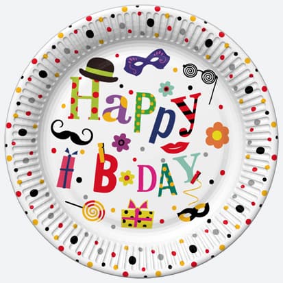 Talerze papierowe, śr.18cm/8szt, BIRTHDAY