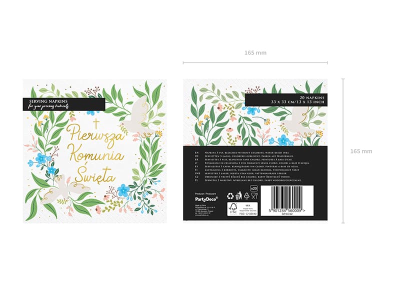 Serwetki Komunia Święta, 33x33, listki, gołębie