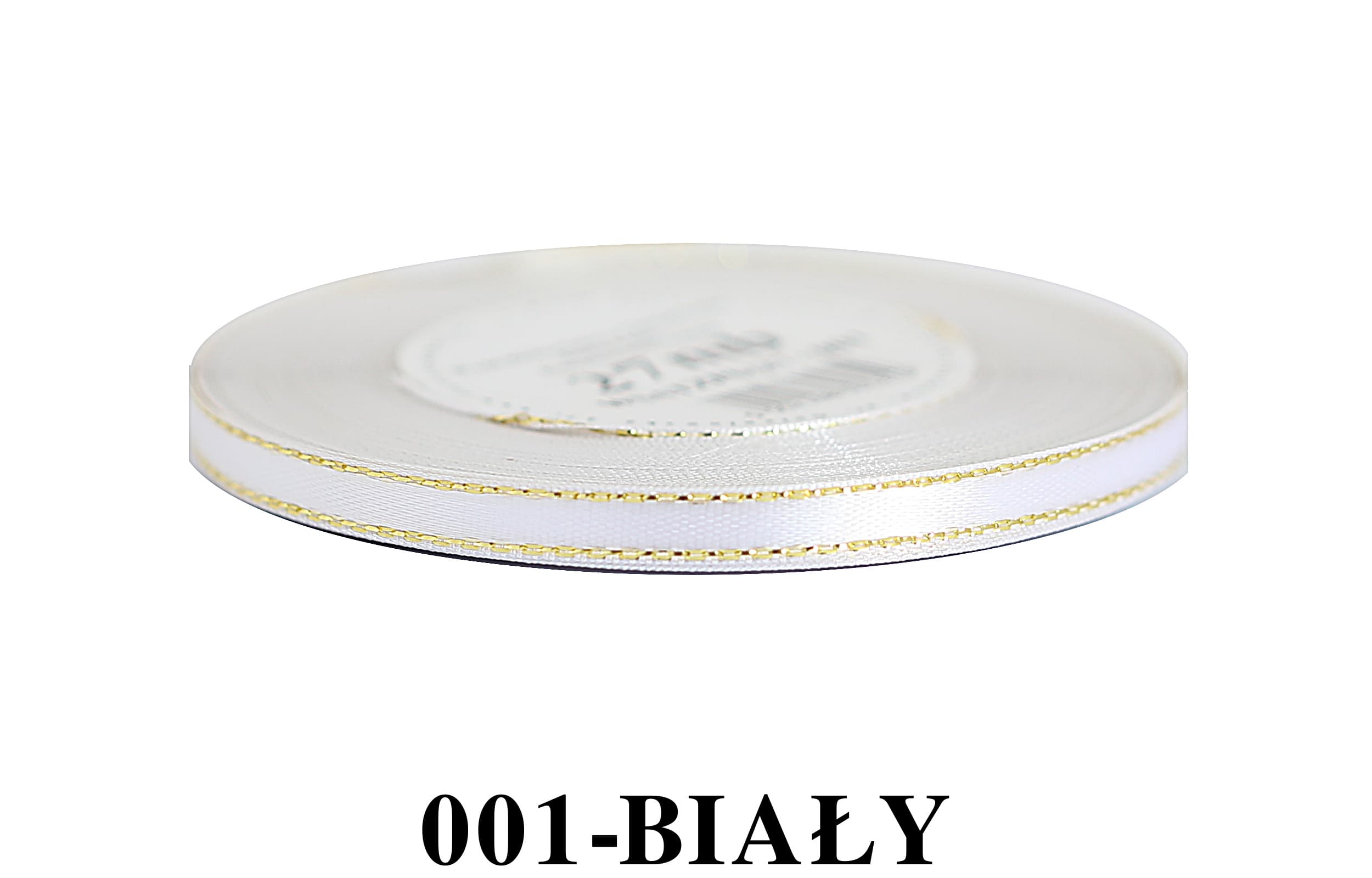 Wstążka satynowa złote pasy, 6mm/18mb, biała