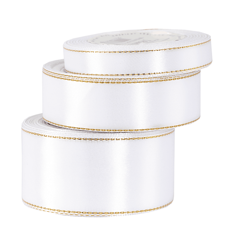 Wstążka satynowa złote pasy, 6mm/18mb, biała