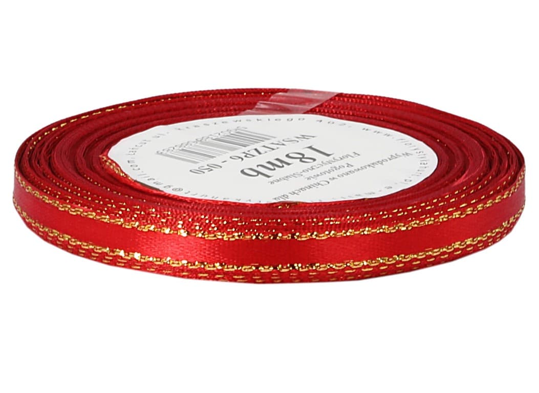 Wstążka satynowa złote pasy, 6mm/18mb, czerwona