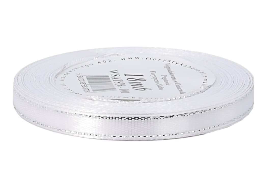 Wstążka satynowa srebrne pasy, 6mm/18mb, biała