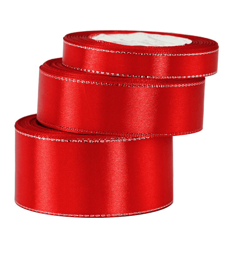 Wstążka satynowa srebrne pasy 6mm/18mb, czerwona