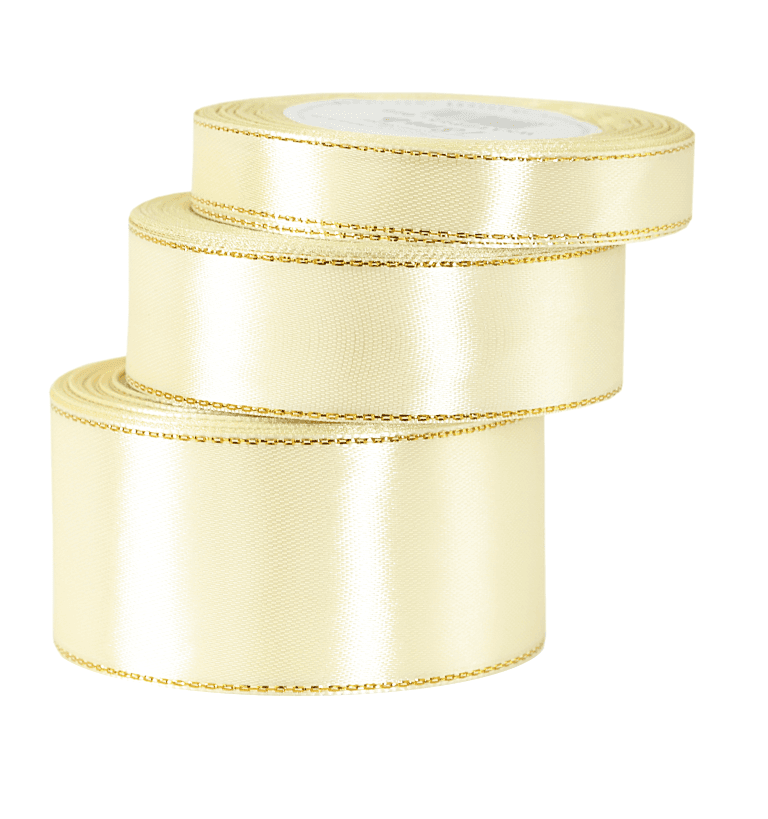 Wstążka satynowa złote pasy, 25mm/18mb, kremowa