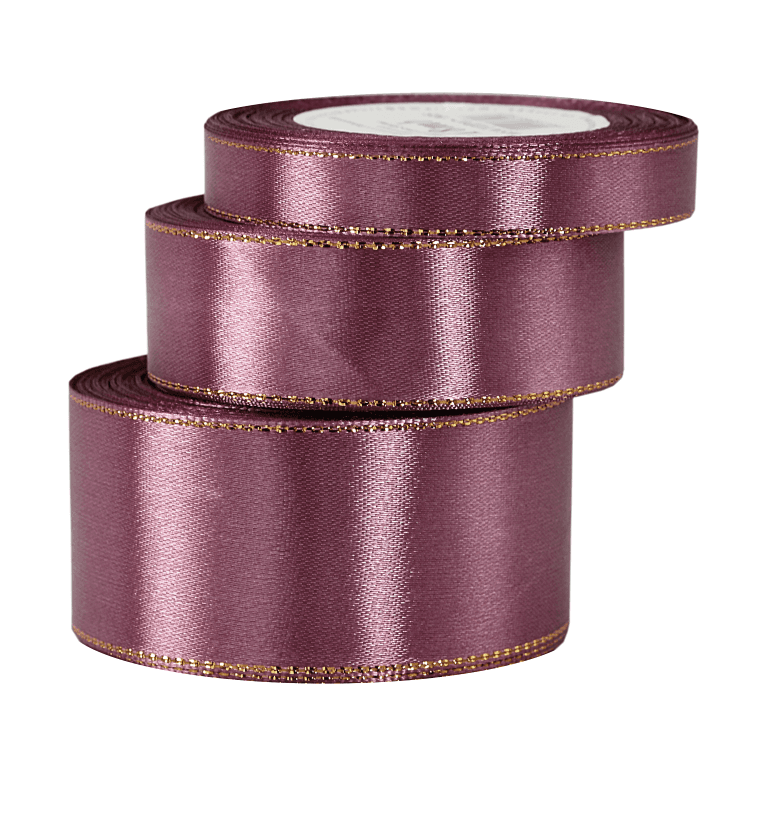 Wstążka satynowa złote pasy, 25mm/18mb, brudny róż
