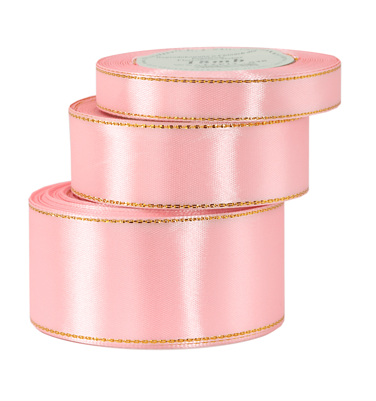 Wstążka satynowa złote pasy, 25mm/18mb, średni róż