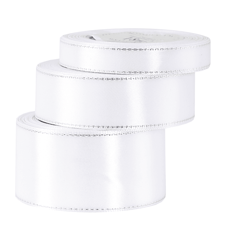 Wstążka satynowa srebrne pasy, 12mm/18mb, biała