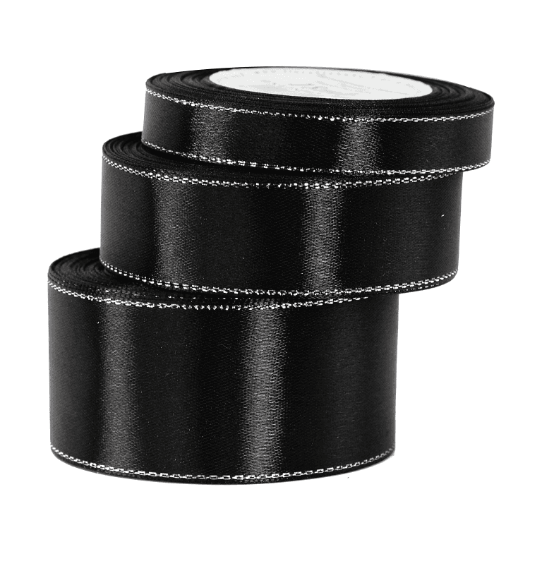 Wstążka satynowa srebrne pasy, 12mm/18mb, czarna