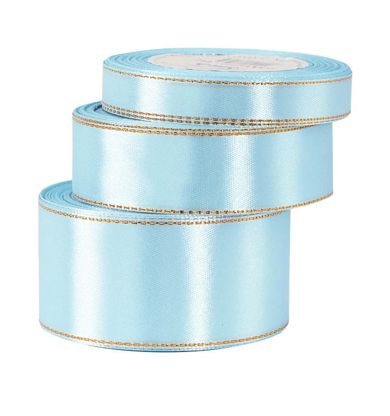 Wstążka satynowa złote pasy, 38mm/18mb, błękitna