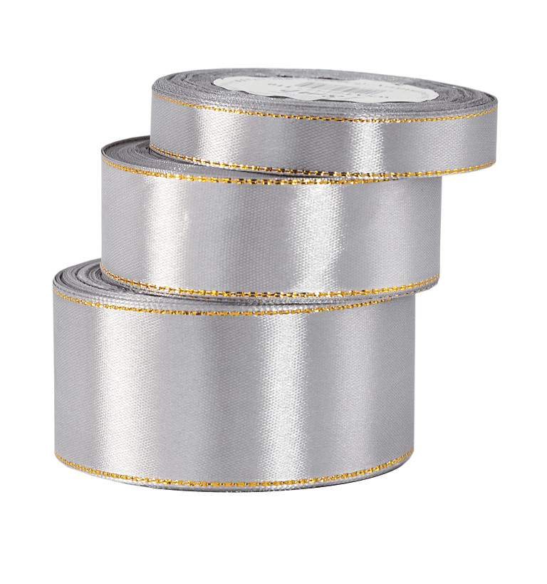 Wstążka satynowa złote pasy, 38mm/18mb, srebrna