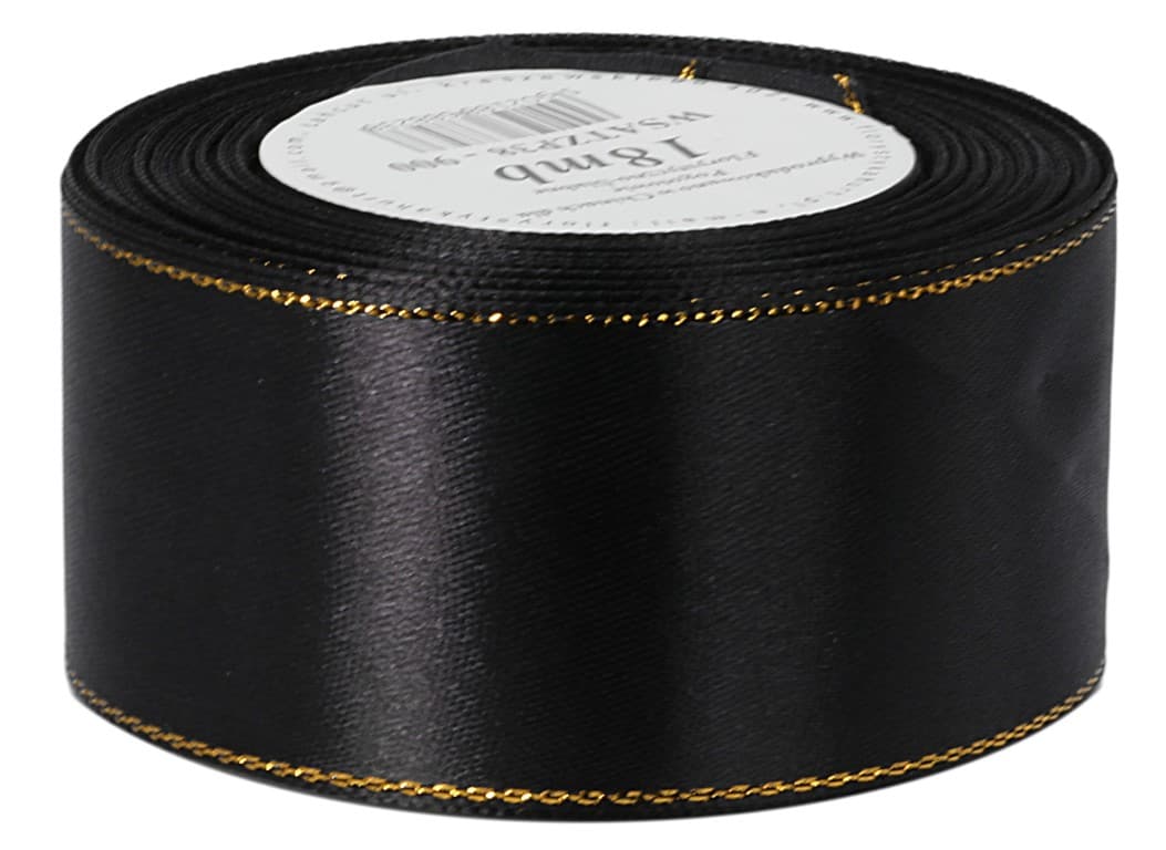 Wstążka satynowa złote pasy, 38mm/18mb, czarna