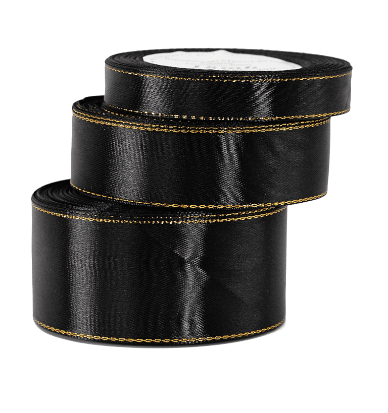 Wstążka satynowa złote pasy, 38mm/18mb, czarna