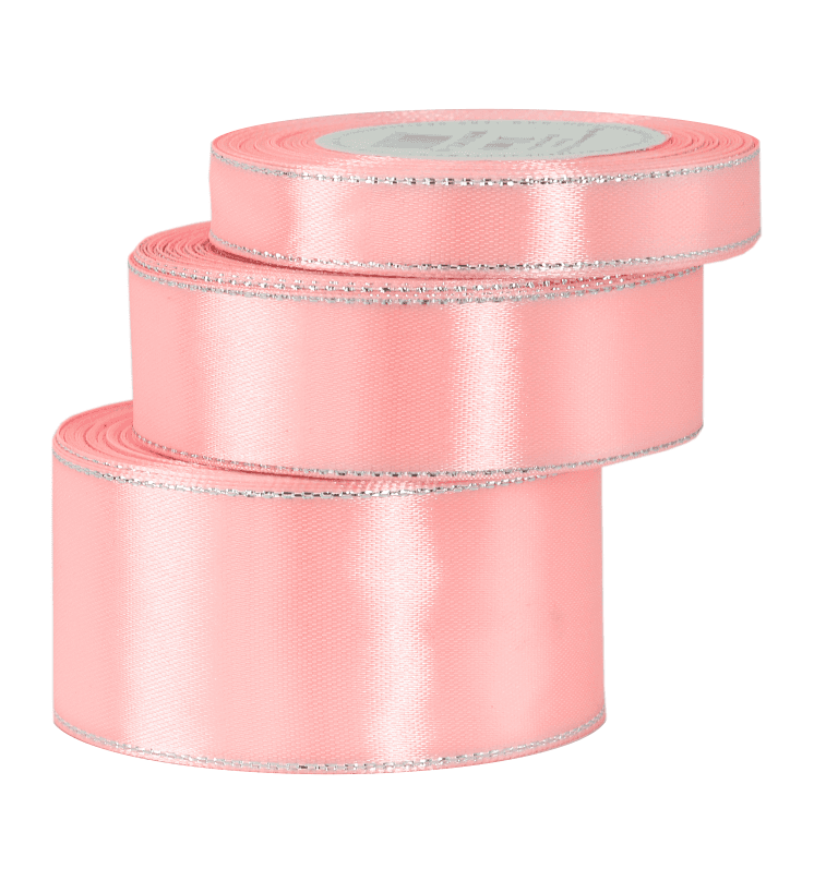 Wstążka satynowa srebrne pasy 38mm/18mb średni róż
