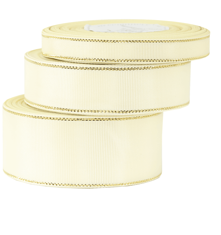 Wstążka rypsowa w złote pasy, 12mm/18mb, kremowa