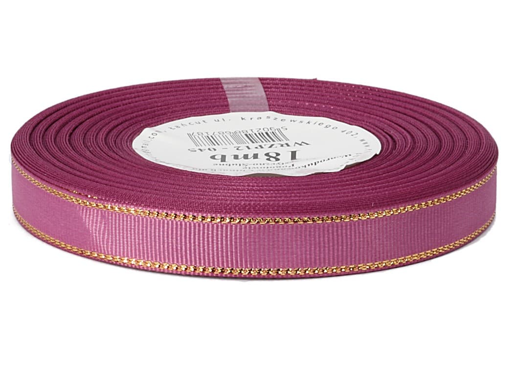 Wstążka rypsowa w złote pasy, 12mm/18mb brudny róż
