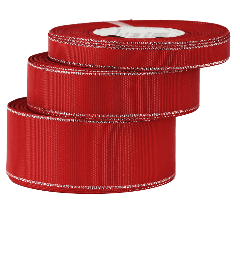 Wstążka rypsowa w srebrne pasy 12mm/18mb, czerwona