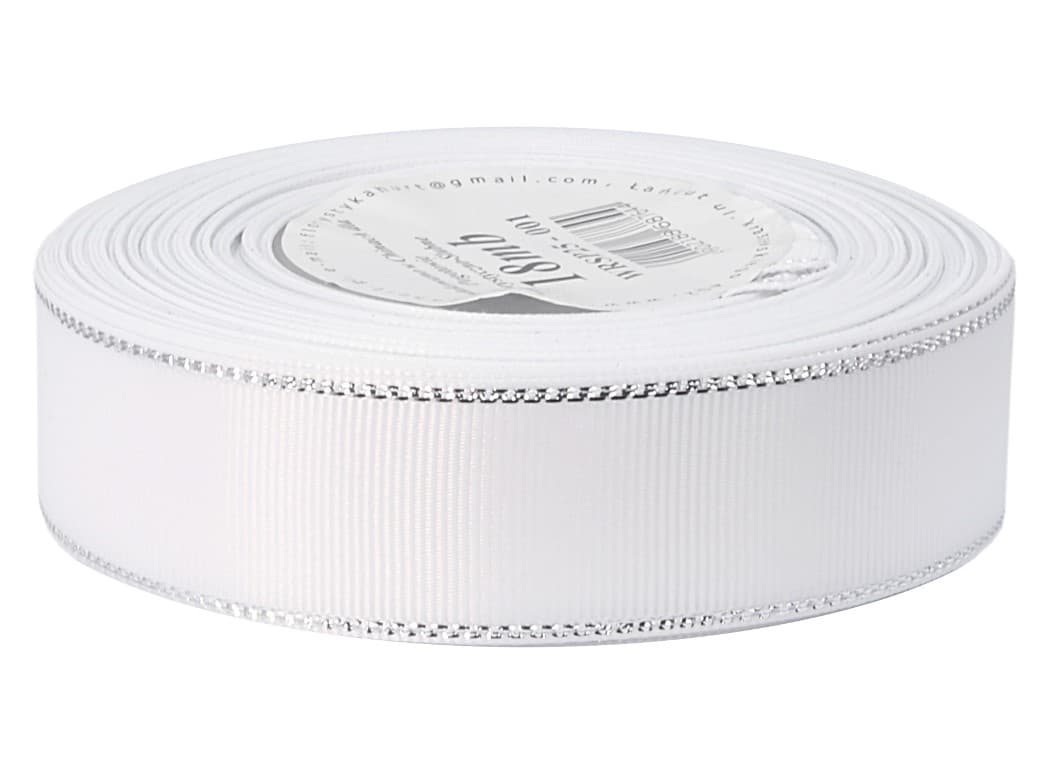 Wstążka rypsowa w srebrne pasy, 25mm/18mb, biała
