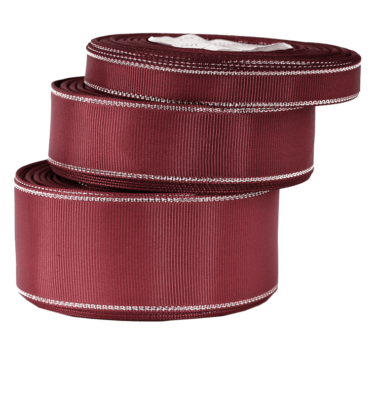 Wstążka rypsowa w srebrne pasy 25mm/18mb, bordowa