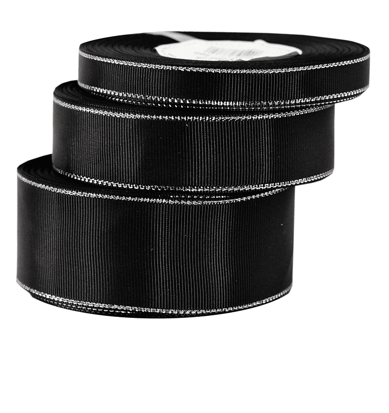 Wstążka rypsowa w srebrne pasy, 25mm/18mb, czarna