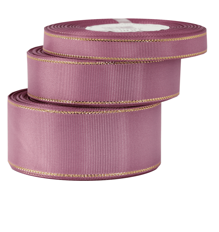 Wstążka rypsowa w złote pasy 25mm/18mb, brudny róż