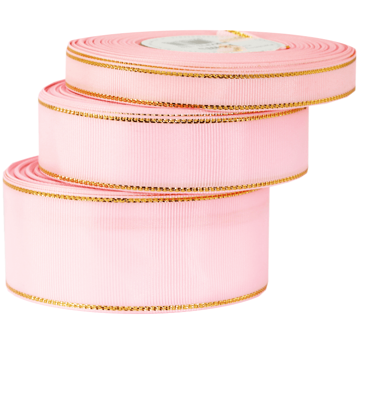 Wstążka rypsowa w złote pasy 25mm/18mb, średni róż
