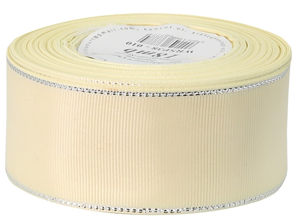 Wstążka rypsowa w srebrna pasy, 38mm/18mb, kremowa
