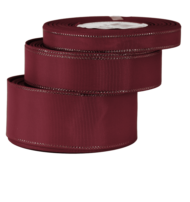 Wstążka rypsowa w złote pasy, 38mm/18mb, bordowa
