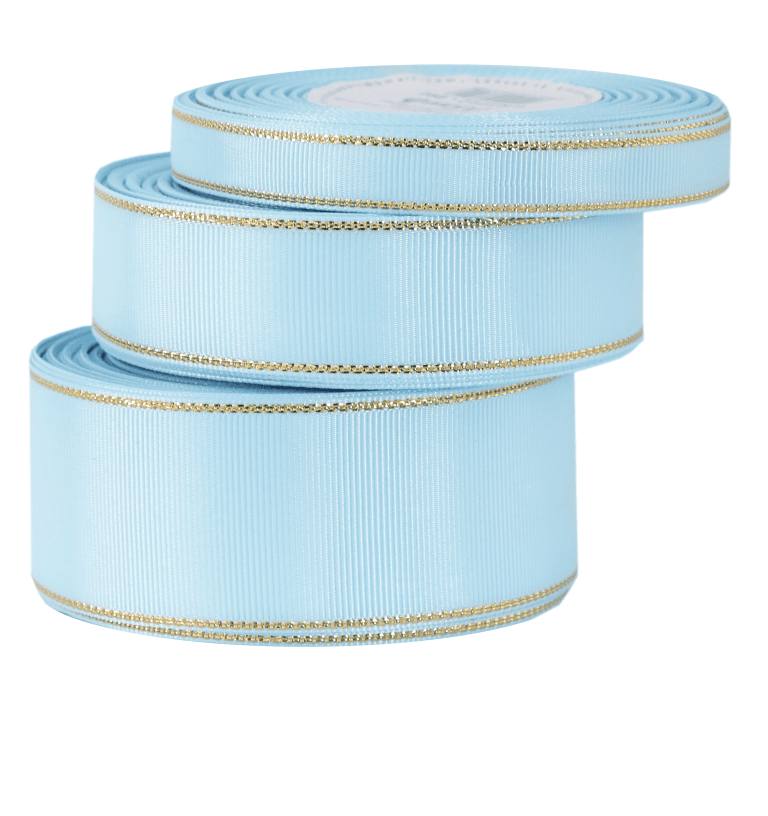 Wstążka rypsowa w złote pasy, 38mm/18mb, błękitna