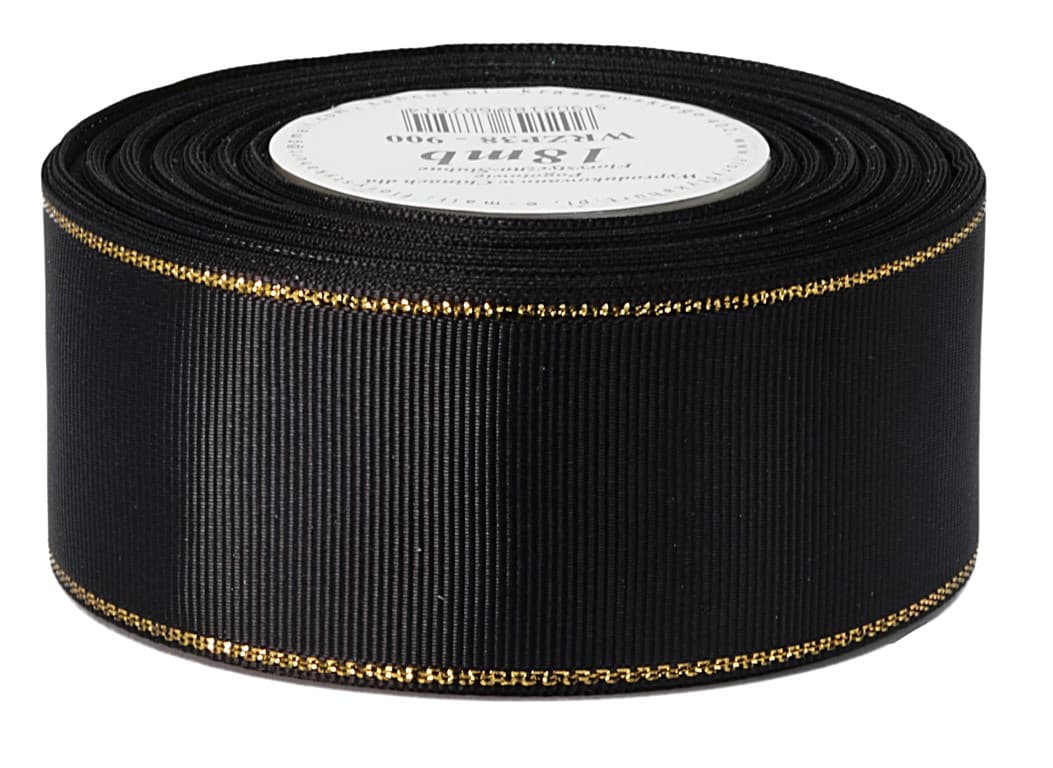 Wstążka rypsowa w złote pasy, 38mm/18mb, czarna