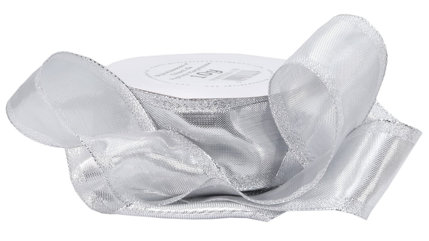 Wstążka metalizowana z drutem, 38mm/9mb, srebrna