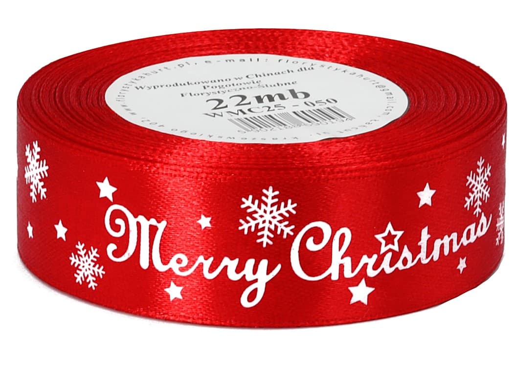 Wstążka satyna Merry Christmas 25mm/22mb, czerwona