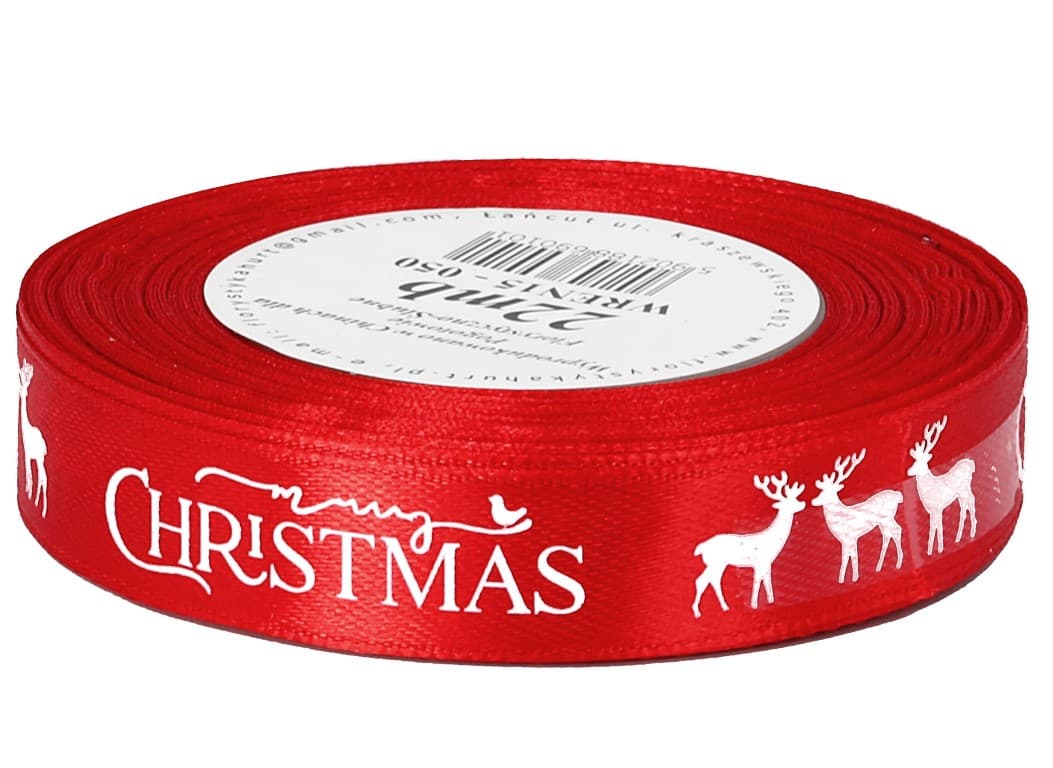 Wstążka satynowa Renifery 15mm/22mb, czerwona