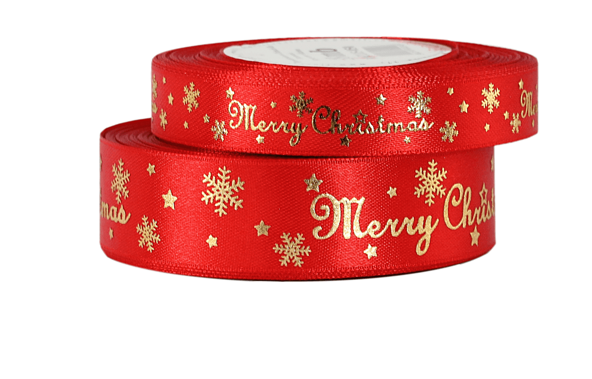 Wstążka metal Merry Christmas 25mm/18m, cz/złoto