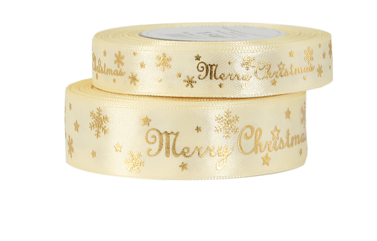 Wstążka metal Merry Christmas, 25mm/18mb, kremowa