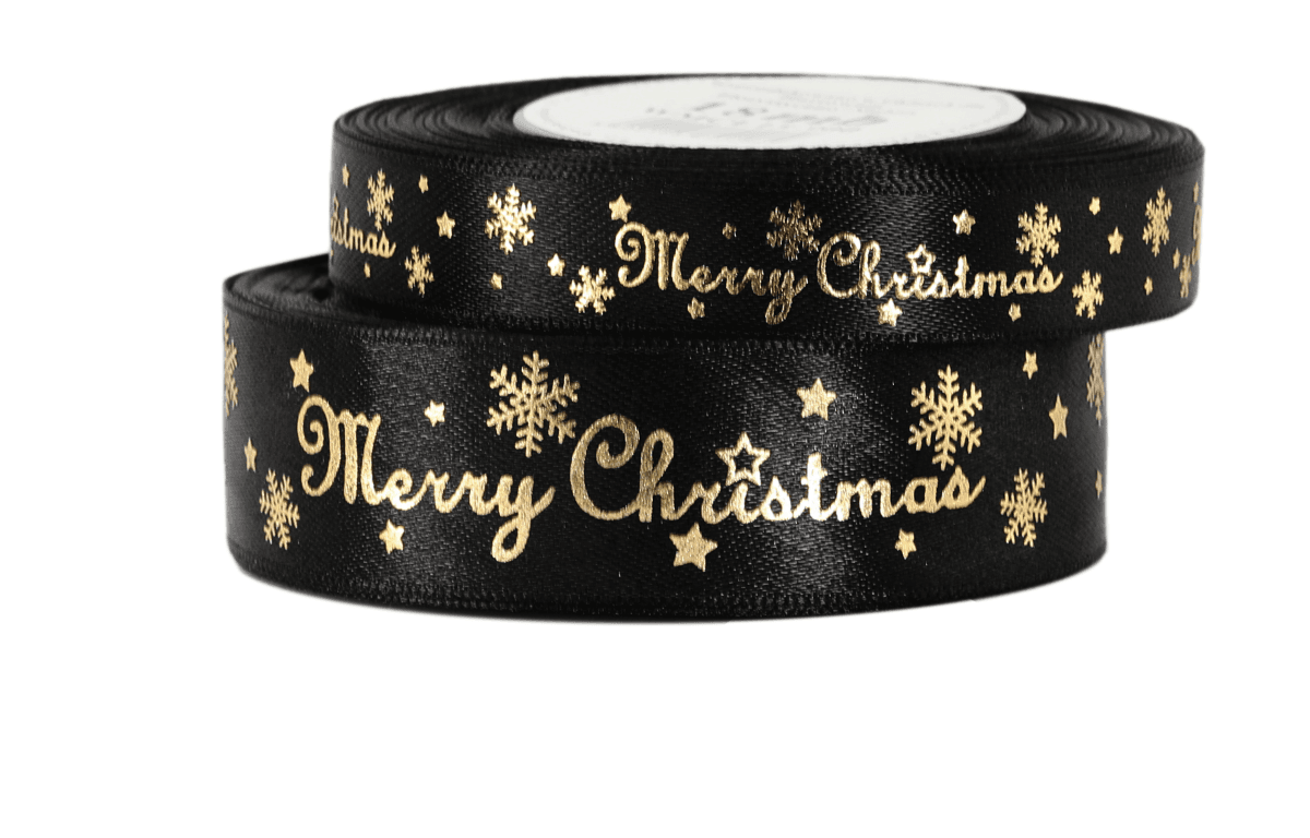 Wstążka metal Merry Christmas, 25mm/18mb, czarna