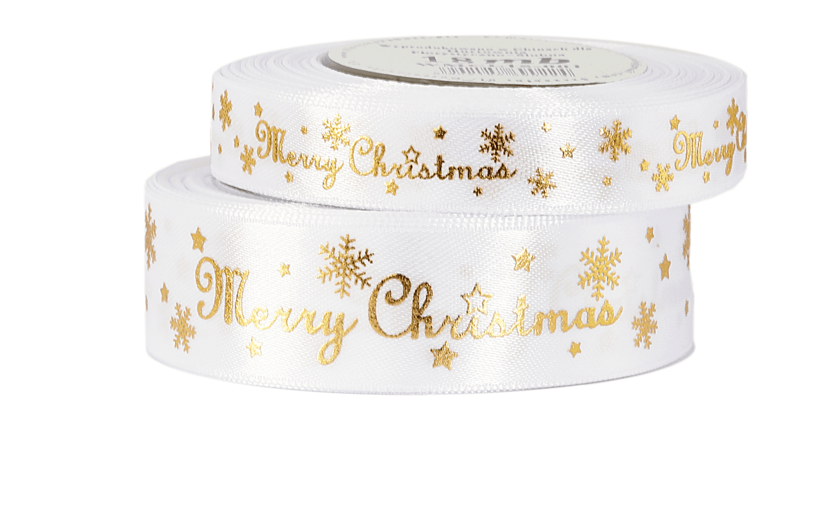 Wstążka metal Merry Christmas 15mm/18mb, biała