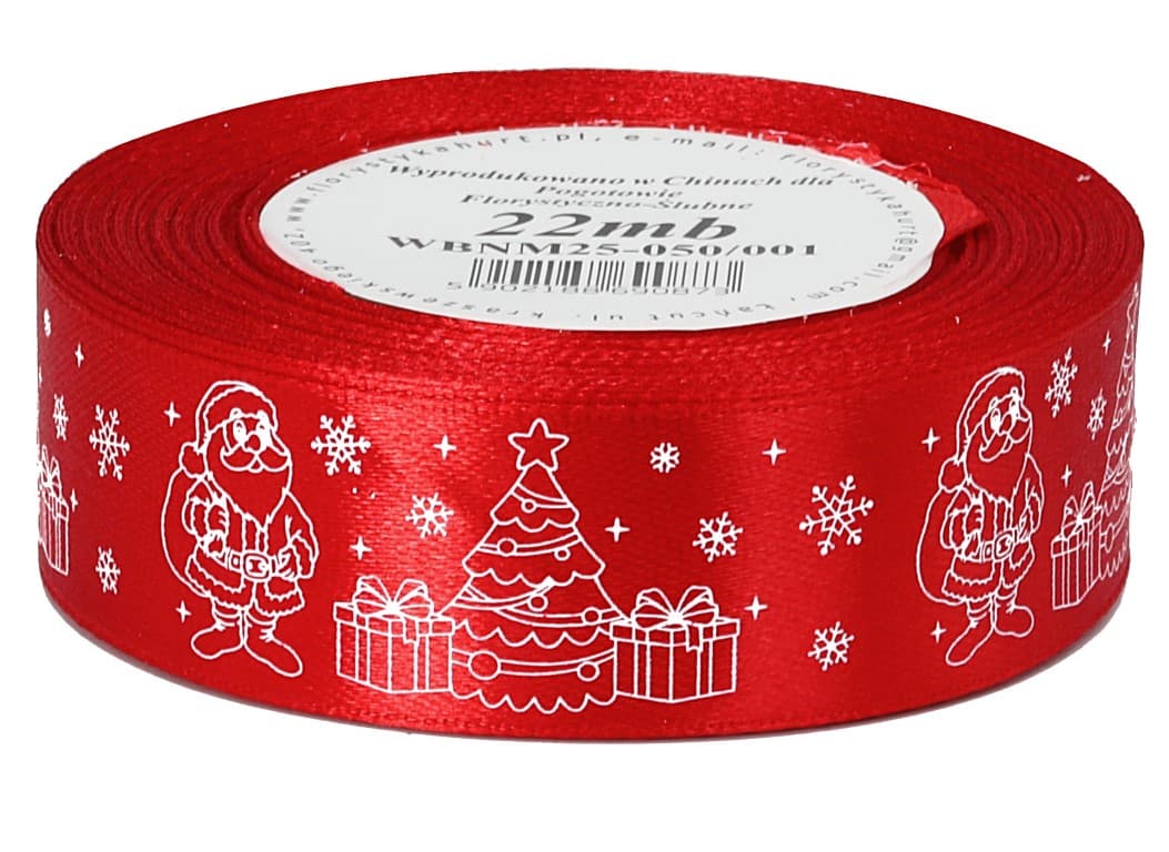 Wstążka satyna MIKOŁAJ 25mm/22mb, czerwona/biała 