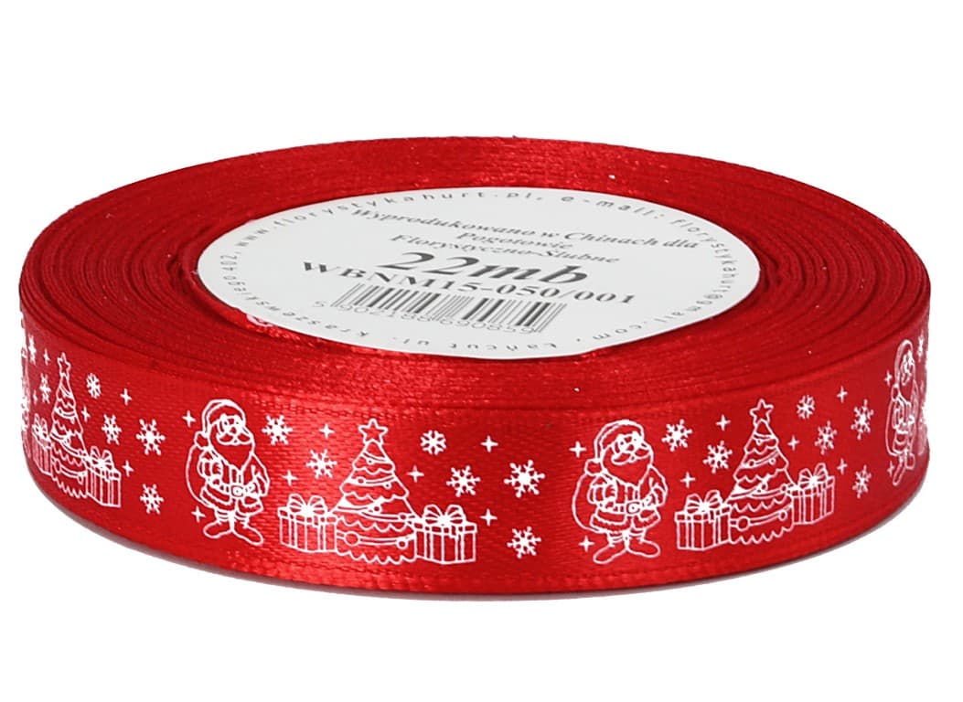 Wstążka satyna MIKOŁAJ 15mm/22mb, czerwona/biała 