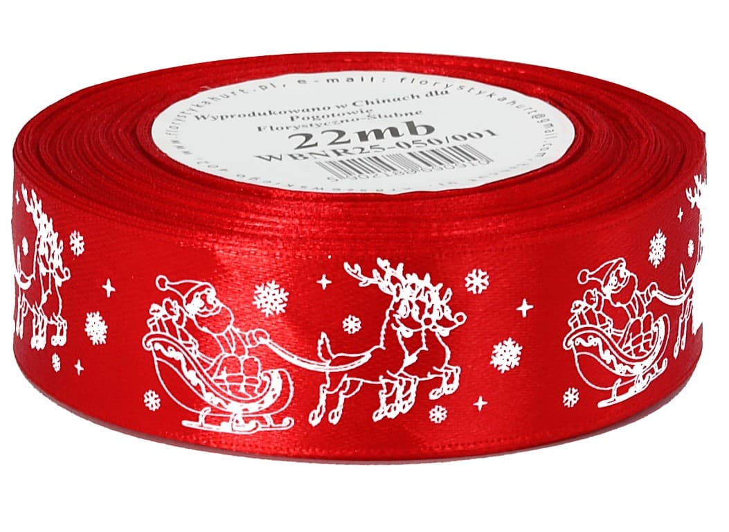 Wstążka satyna RENIFER 25mm/22mb, czerwona/biała 