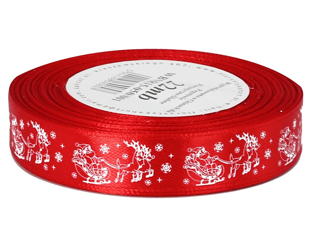 Wstążka satyna RENIFER 15mm/22mb, czerwona/biała 