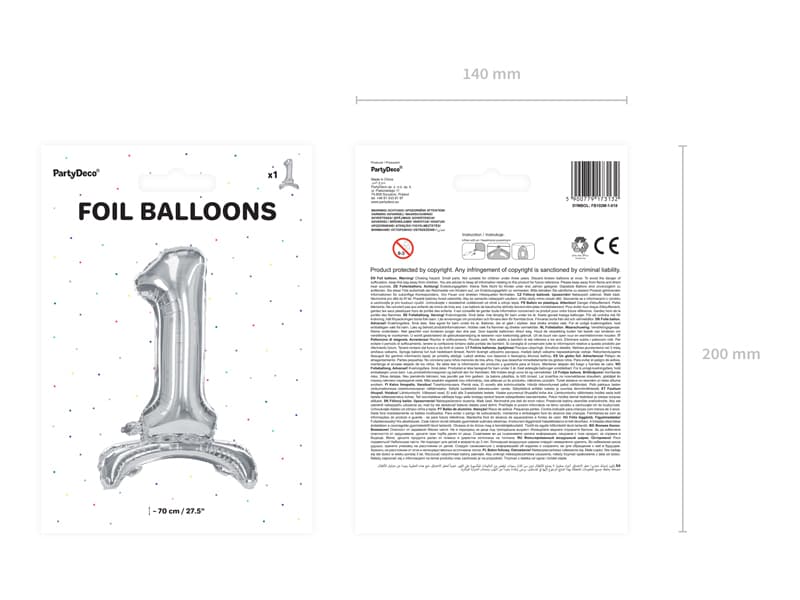 Stojący balon foliowy Cyfra"1" srebny, 70cm/1op