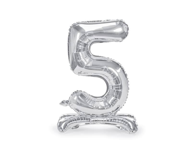 Stojący balon foliowy Cyfra"5" srebny, 70cm/1op