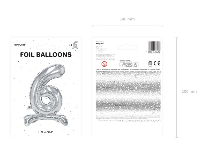 Stojący balon foliowy Cyfra"6" srebny, 70cm/1op