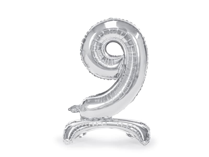 Stojący balon foliowy Cyfra"9" srebny, 70cm/1op