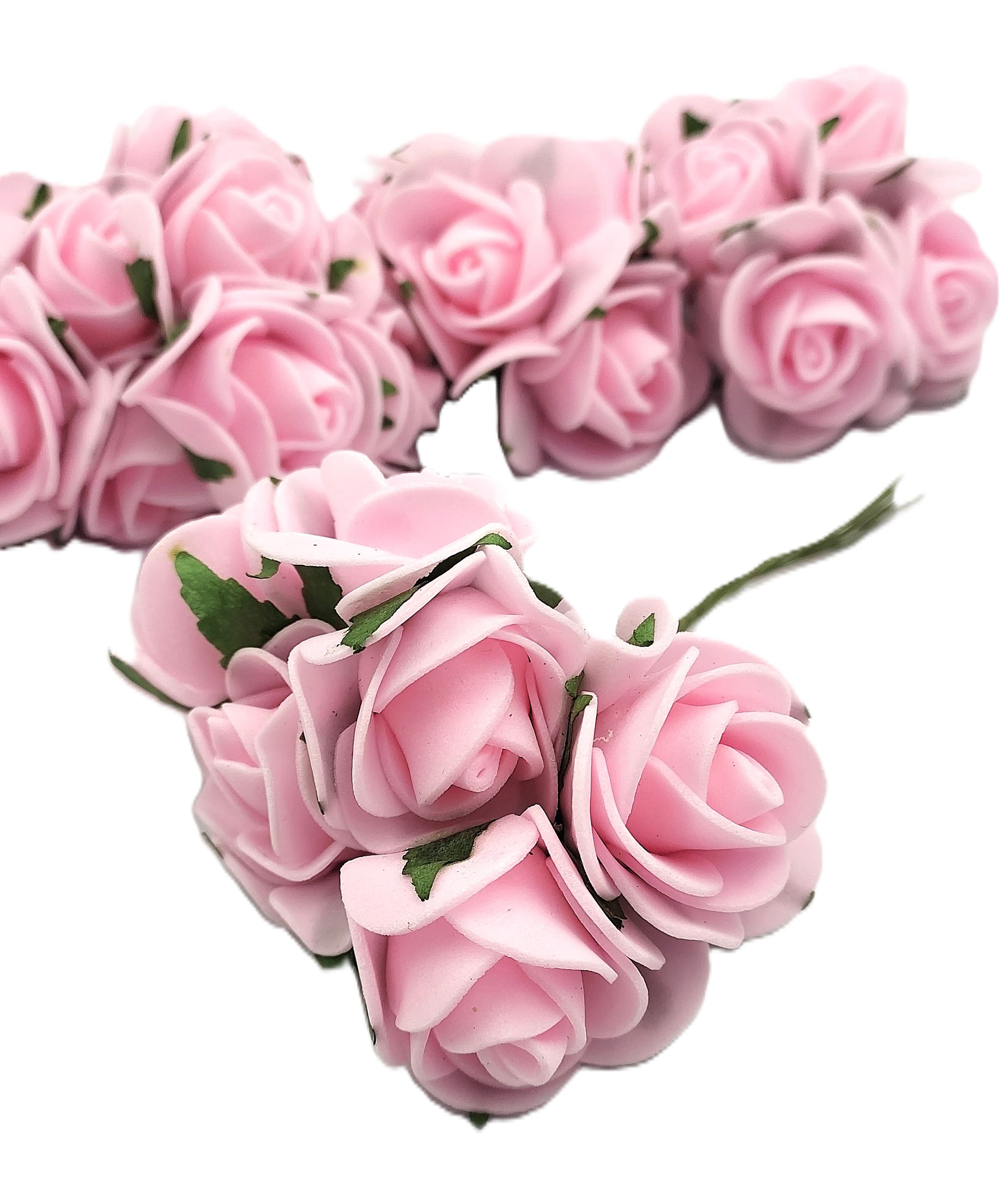 Piankowe kwiaty na drucie, śr.3cm/6szt, blady róż