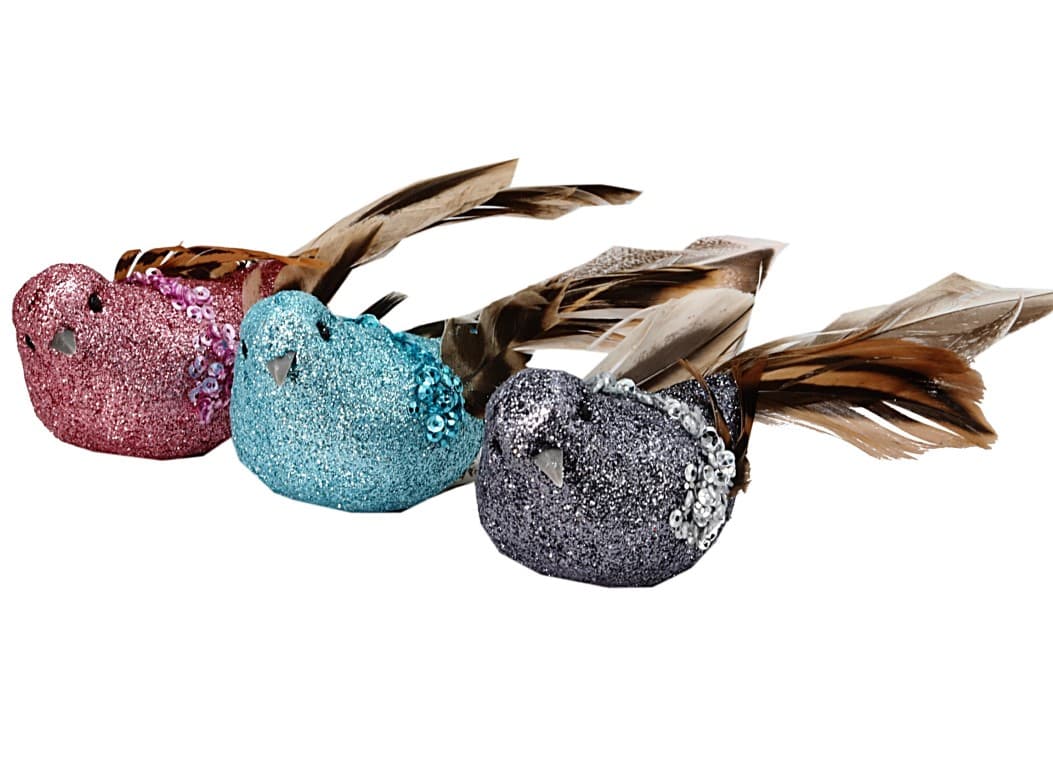 Ptaki brokatowe na metalowym klipsie, 4x14cm/3szt.