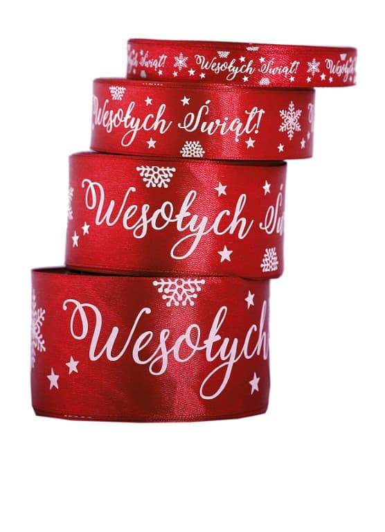 Wstążka satyna Wesołych Świąt 12mm/22m c.czerwona 